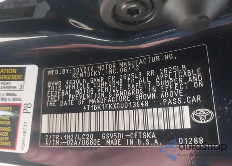 2012 Toyota Camry Se V6 из США, поврежденный, VIN 4T1BK1FKXCU013848